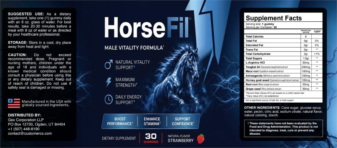 HorseFil label showing suggested use, storage, cautions and the full Supplement Facts panel